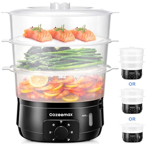 Cozeemax Electric Steamer 13.7L for Kitchen, 3-Tier Steamer, BPA Free Baskets, Simultaneous Fast Cooking, 60 Minute Timer, Ideal Pair