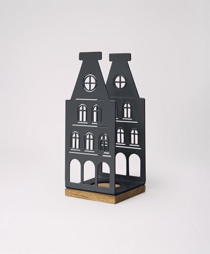 KAWENTSMANN Windlicht Metall & Holz Nobelstrehle Nr. 3 - Teelichthalter Haus-Motiv - Laterne - Kerzenständer - Kerzenhalter - Deko Windlichter - Tischdeko (RAL 7016 Anthrazit)