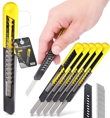 5x Couteau Utilitaire Rétractable À Lame Cassable 9 mm Couteau de Graphique Lame de Snap-Off Cutter Coupe-Tapis Coupe-Carton Tapissier Sécurité Petit Pratique