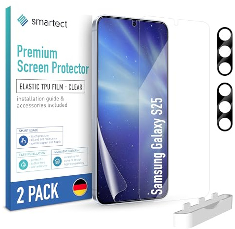 smartect TPU Schutzfolie 2 + 2 Stück für Samsung Galaxy S25 | Displayschutz + Kameraschutz, HD Panzerfolie Anti-Kratzer, Ultra-klar, Blasenfrei, Fingerabdruck kompatibel, Hüllenfreundlich