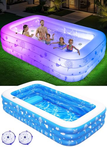 DeeprBling Aufblasbarer Pool Erwachsene mit Sitz und Poolbeleuchtung, 266 x 165 x 64 cm Swimming Pool Aufblasbar Groß Rechteckig, 1400L verdicktes Familienpool Aufblasbar Planschbecken Groß für Garten