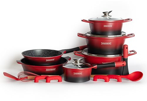 Royalty Line Batterie De Cuisson Complète Effet Marbre - 17 Pièces - Tous Feux - Rouge Et Noir
