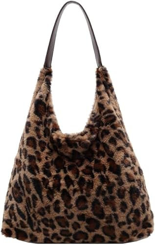 HoldOneLight Teddy Handtasche Uni Tasche Felltasche Damen PlüSchtasche Teddyfell Shopper Tasche Schultertasche Tote Bag Damen Slouchy Hobo Bag Arbeitstasche (Kaffee-Leopard)