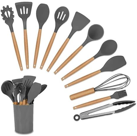 Set de utensilios de cocina incluye 12 piezas hechas de silicona y madera. (Gris)