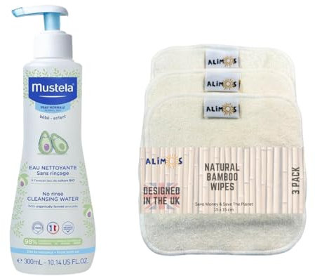 Alimos Reusable Bamboo Baby Wipes To Work With Mustela Bébé Cleansing Water Without Rinse 300ml