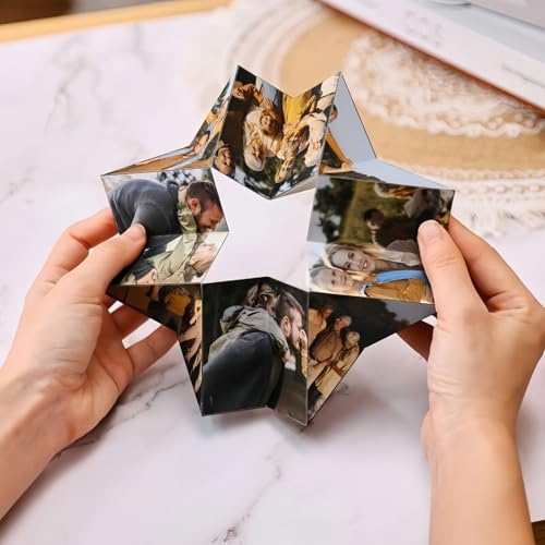 Drawelry Photo Cube Personnalisé avec 3D Rotatif Pliable Boîte Puzzle Box avec 15 Images Cadre Albums Photo Cube Cadeaux Souvenirs de Voyage, Mariage, Enfant, Animal, Famille (15Photo-A)