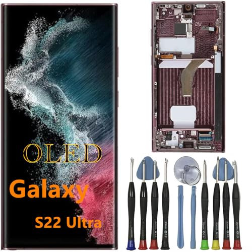 OLED Galaxy S22 Ultra Bildschirm Ersatz für Samsung S22ultra Display Touchscreen Digitizer Montage SM-S908B SM-S908B/DS LCD Unterstützung Fingerabdruck und S-Pen (Roter Rahmen+Reparaturwerkzeuge)