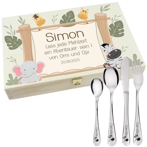Personalisiertes Kinderbesteck-Set mit Gravur, 4-teilig + Holzbox (Optional), Dschungel-Design | Personalisierte Erinnerungsbox - Geschenk zur Taufe für Kinder - Taufgeschenke für Jungen & Mädchen