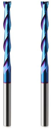 2 Pack Extra Long CNC Spiral Router Bits Up Cut 1/4 inch Shank, 2 inch Cutting Length Long Router Bits, 6.35mm Carbide End Mill with Nano Blue Coated Spiral CNC Router Bit for Wood Carving