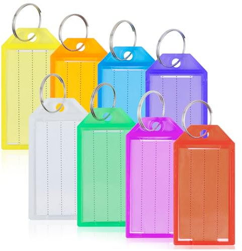 Romon Porte Clés, 80 Pièces Porte Clef Plastique avec Étiquettes en Papier Vierge Couvercles Transparents et Anneaux Fendus Identificateurs Robustes, Porte Cle Assorties ID Eiquettes, 8 couleurs