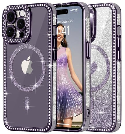 Ethanger for Magnetic Glitter Phone Case for iPhone 14 Pro Max, Sparkling Rhinestone Border with Removable Glitter Insert Compatible with MagSafe Girly Women Cover for iPhone 14 Pro Max, Purple