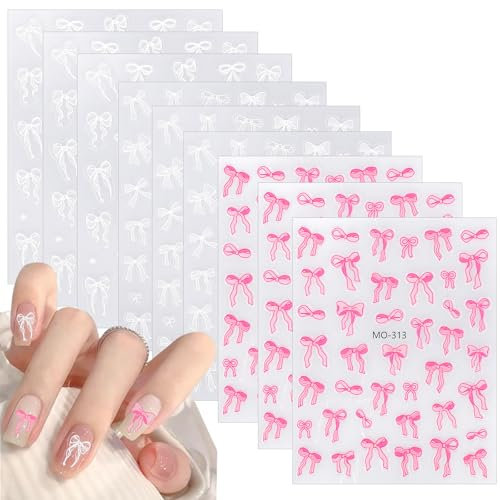 Gosknor 9 Sheet Bow Nail Stickers, Self-Adhesive 5D Embossed Nail Art Decals Cute Manicure DIY Decorations for Woman and Girl (Pink & White)