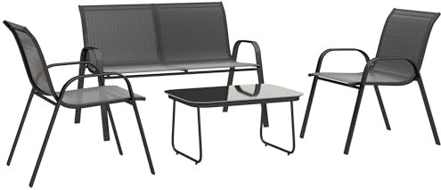 Outsunny Set Salotto da Giardino da 4 Pezzi, con Divanetto da Esterno a 2 Posti, 2 Sedie Impilabili e Tavolo da Caffè con Piano in Vetro, Set di Mobili in Acciaio, Texteline per Terrazza e Patio, Nero