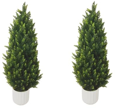 3FT Artificial Cedar Topiary Tree with Potted, Set of 2 Outdoor Faux Plants UV Resistant Fake Bushes Shrubs for Garden, Yard Decor