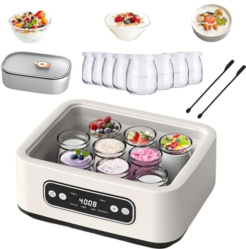 1600ML Yogurt Maker with 9Pcs Glass Jars, Probiotic Yoghurt Maker with Temperature Control,304 Stainless Steel Inner Pot, 2 Stir Sticks Electric Yogurt Maker 36 Hour Timer with PTC Function