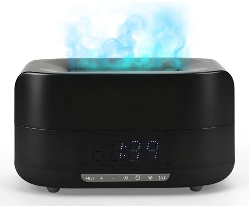 Diffusore di aromi 3D con fiamma, 400 ml di umidificatore con luce a fiamma, altoparlante Bluetooth, orologio, luce notturna LED a 7 colori e telecomando, diffusore di oli essenziali per casa, ufficio