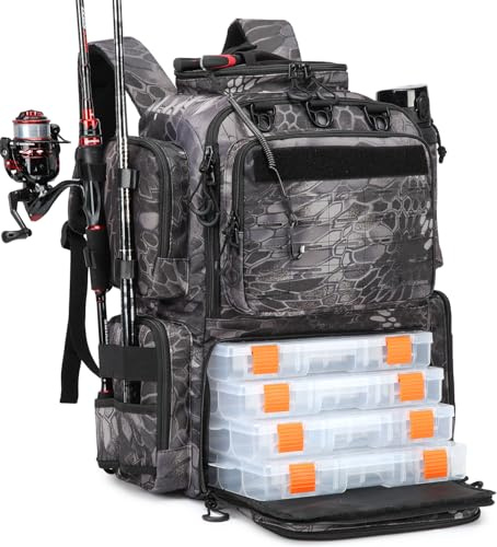 BlesMaller 50L Angelrucksack mit 4 Boxen & Rutenhaltern Angeltasche wasserabweisend Angel Rucksack für Angelausrüstung