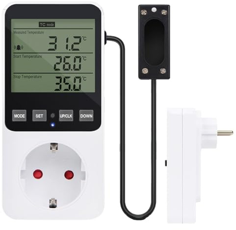 Feuchtigkeitsregler Temperaturregler Steckdose mit Fühler, 16A 230V Digitaler Hygrostat 20~95% RH, -10°C~50°C mit Alarmfunktion für Luftentfeuchter Terrarium Pilz Aquarium und Gewächshaus