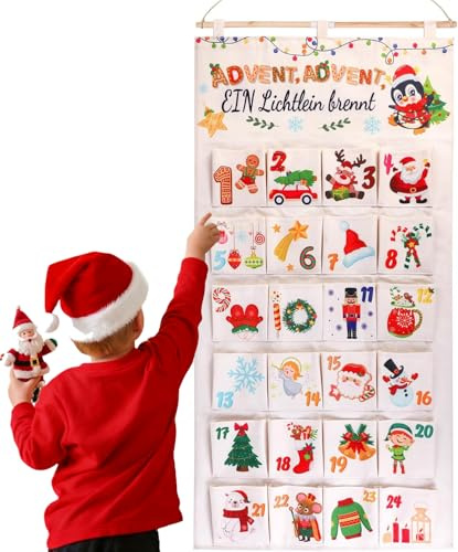 24 Taschen Adventskalender aus Stoff 2025, Weihnachts Countdown Wandkalender zum Befüllen, Hochwertig Bestickt Stoffbeutel- Wiederverwendbar Wandbehang Geschenksäckchen Weihnachtsdeko