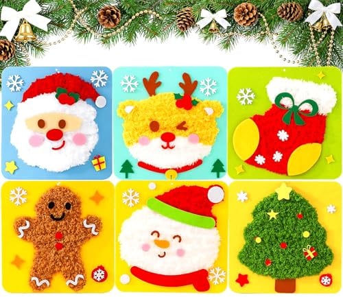 6 Stücke DIY Stickbilder Kinder Select Zone Nähset Weihnachten Set Cartoon Tiere Nähspass für Kinder aus Wolle Weihnachten Bastelset Mädchen und Jungen ab 6 Jahre