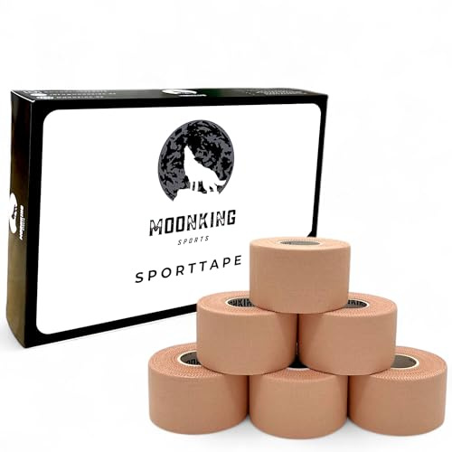 MoonKing Sports® - Sporttape (3,8cm x 10m) - Beige - 6 Rollen - Starres Profi Sport Tape mit extra starker Haftung, unelastisch, reißbar, hautfreundlich - Tapeverband für Stabilisierung & Fixierung