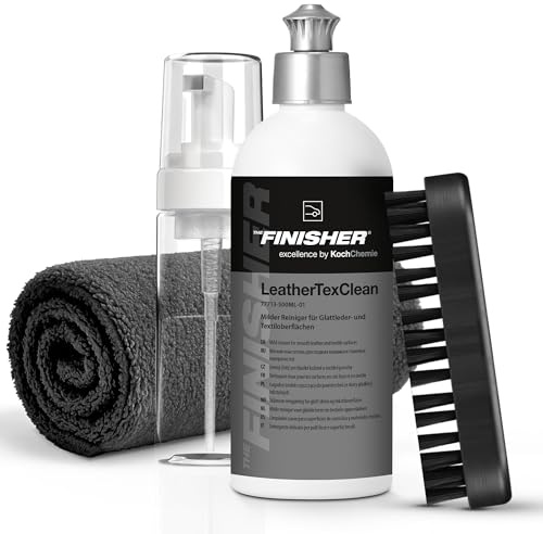 autopflege Auto Leder Reinigung Set | THE Finisher LeatherTexClean 500ml Lederreiniger + Bürste + Schaumspender + Mikrofasertuch | Reinigung für Ledersitze & Lederlenkrad | Lederpflegeset