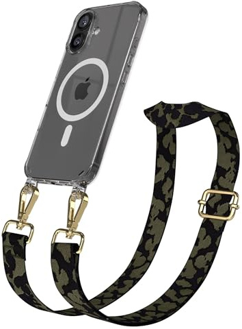EAZY CASE Handykette - Verstellbares Taschenband kompatibel mit iPhone 16, Schulterriemen, Handykordel mit Silikon Hülle, Qi Charging kompatibel, Umhängetasche, Dunkelgrün Camouflage Gold