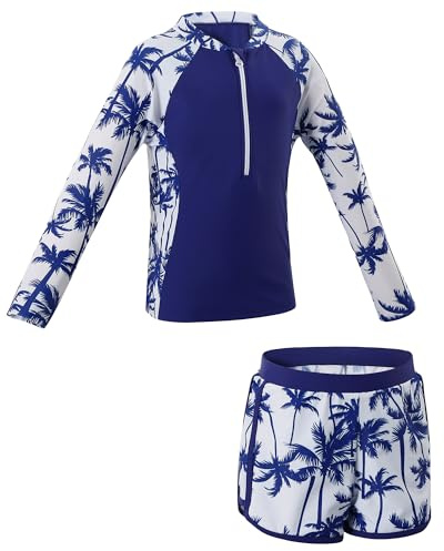 Cheerful Mario Maillot de Bain Deux Pièces à Manches Longues Anti-UV，Enfant Rashguard Set avec Coquilles Amovibles Bleu 9-10Ans