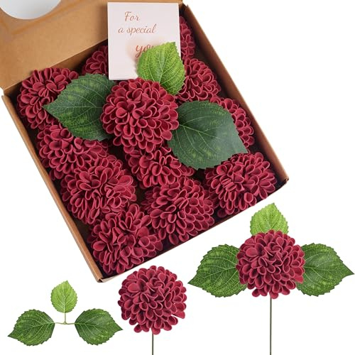 Sahoottie Burgunderrote Künstliche Blumen 12 Stück Dahlien Kunstblumen wie Echt 7.5cm Schaum Hortensie Rote Fake Blumen Deko für Vase Arrangements Centerpieces Hochzeits Zuhause Partytische