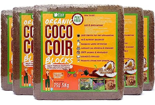 Elixir Gardens 5 x 75 Litre Organic Coco Coir Compost Block/Brick Pre-Washed Low EC | 100% Natural Peat-Free Growing Medium/Potting Soil & Reptile Bedding