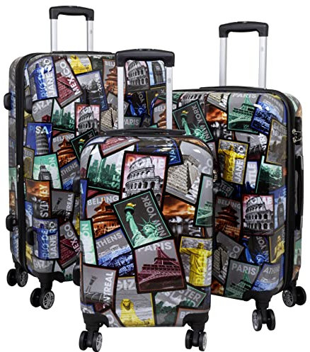 Trendyshop365 Motivkoffer Hartschalen-Reisekoffer Trolley - Design Weltreise Paris New York Athen Rio (Koffer-Set 3-teilig)