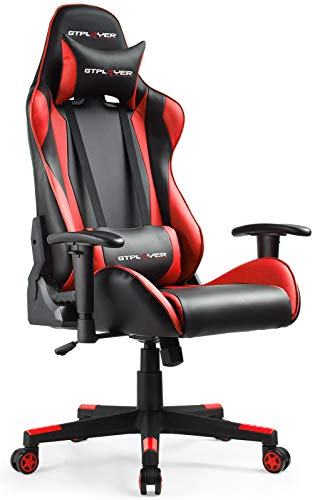 GTPLAYER Gaming Stuhl Bürostuhl Zocker Gamer Ergonomischer Stuhl Einstellbare Armlehne Einteiliger Stahlrahmen Einstellbarer Neigungswinkel (Schwarz-Rot)