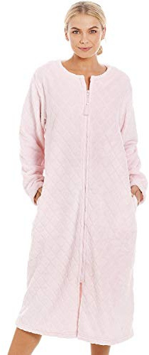 Camille Women's Super Soft Fleece Zipped Housecoat | Calf Length Diamond Print Bathrobe, Zip Close, Long Sleeves & Pockets, Lightweight Luxury, Warm & Comfy Home Loungewear