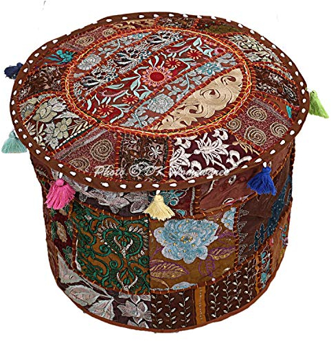 DK Homewares Indischer runder Hocker Fußhocker Braun Patchwork Bestickte Baumwolle Wohnzimmer Dekorative Osmanische Fußstütze Sitzhocker Sitzfläche | (16x16x13 Zoll / 40 cm) NUR ABDECKEN