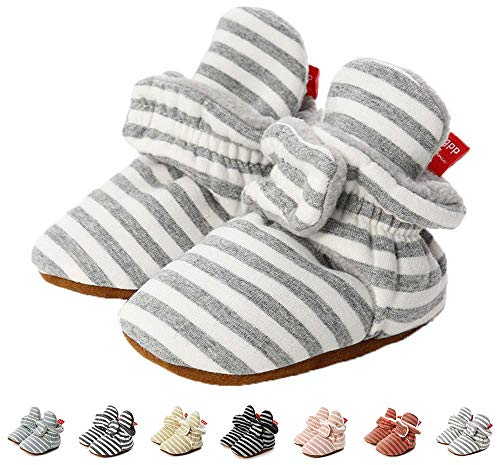 TMEOG Unisex-Baby Neugeborenes Fleece Booties Bio Baumwoll-Futter und rutschfeste Greifer Winterschuhe (6-12 Monate, B_Weiß/Grau)