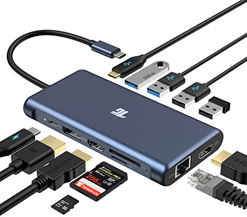 USB C Hub, Adapter, Tiergrade 12 in 1 Triple Display Adapter mit Dual 4K HDMI, DisplayPort, 100 W PD 3.0, RJ45 Ethernet, USB-A USB-C Anschlüsse, TF/SD Kartenleser für MacBook und Typ C Laptops