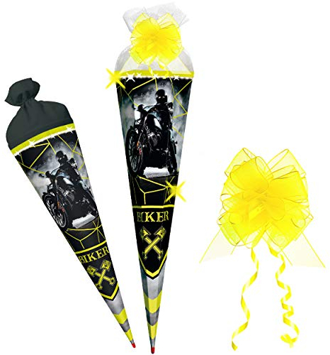 mit LED Lichter + 3D Neonfarbe ! Schultüte - Biker - Motorrad - 70 cm - mit Holzspitze - rund - incl. Schleife - Filzbschluß - Zuckertüte - Roth - Spitze ..