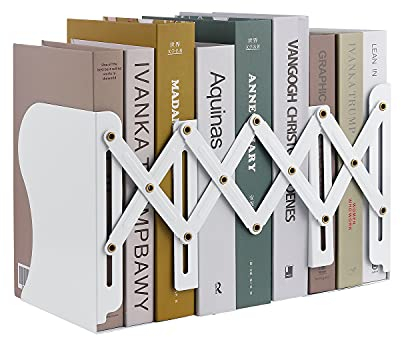 Expandable Metal Bookends, MSDADA Adjustable Book Ends Heavy Duty Book Holder Desktop Book Stand Non-Skid Desk Organizer for Kids Student Home Office School Bookshelf Book Storage(White)
