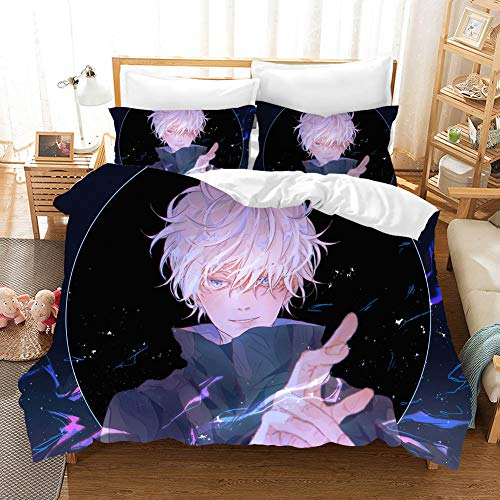 PTNQAZ Anime Jujutsu Kaisen Bettwäsche-Set für Jungen, 3D-gedruckte Bettbezüge mit Kissenbezügen, Kinder-Bettwäsche (Einzelbett)