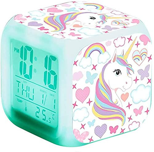 Réveil Numérique Licorne pour Enfants Multicolore Cube LED de Nuit Horloge de Chevet Cadeau pour Fille Chambre Anniversaire