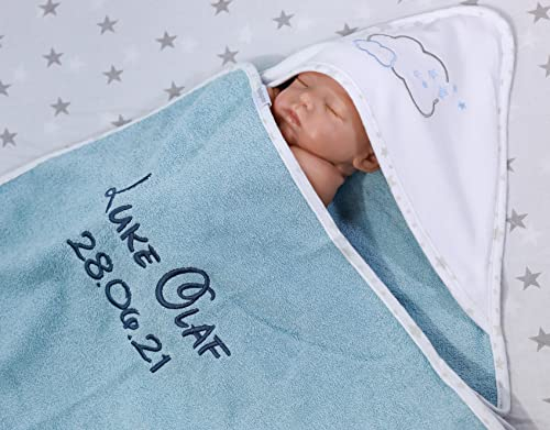 ★ Kapuzentuch mit Namen Bestickt ★ Handtuch MIT Kapuze ★76x76 cm ★ 100% Baumwolle ★ Geschenk ★ ★ (Blau - Wolken)
