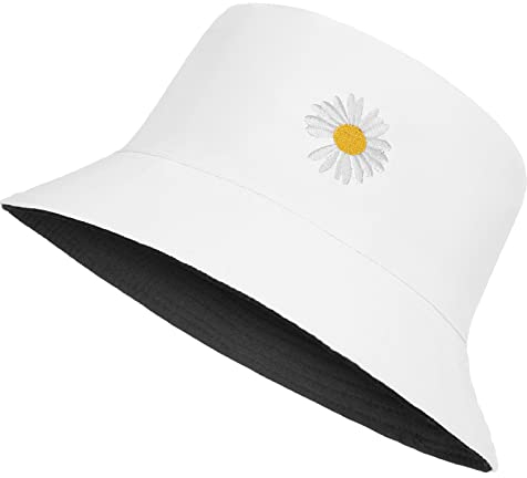 UMIPUBO Fischerhut Bucket Hat Herren Damen Bunt,Sonnenhut Sommerhut Bestickte Fischerhüte,Blumendruck Früchte Druck Mütze,Freizeithut Anglerhut Unisex Hüte (Gänseblümchen - Weiß)