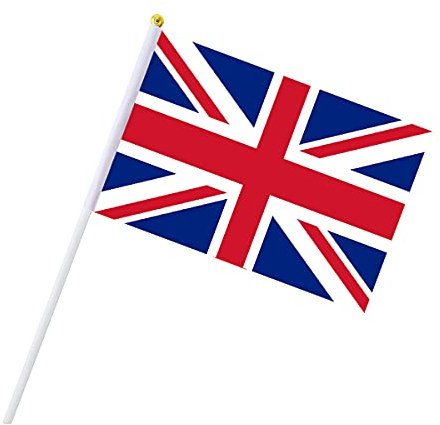 AhfuLife Petit Drapeau Royaume-Uni - 100Pcs Mini Drapeaux Union Jack avec Poteau Solide Blanc pour Décoration Jardin Bar, Fête de Saint-Georges, Procession, Célébration Compétition Sportive