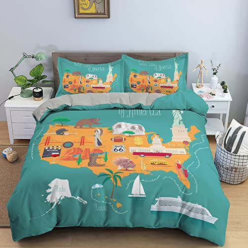 LSYW Bettwäsche 155x220 GrüNe Usa-Karte Bettwäsche-Set mit Reißverschluss Schließung für Kinder Jugendliche Angenehme Atmungsaktive Mikrofaser Bettbezug + 2 Kopfkissenbezug 80x80 cm