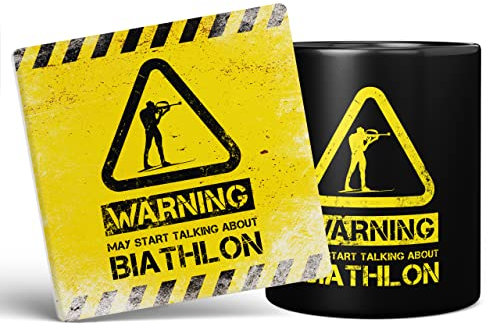 Mug Monster - Warning May Start Talking About Biathlon Lustige Geschenktasse – Keramik-Kaffeetasse, Geschenk für Männer oder Frauen, extra große und riesige Tasse erhältlich, 325 ml schwarze Tasse