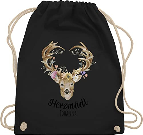 Turnbeutel Rucksack - Kompatibel Oktoberfest - Herzmädl Hirsch Geweih Hirschgeweih Madl - Unisize - Schwarz - oktoberfest-tasche trachten name turnsack trachtenrucksack bayrisch herz rucksäcke