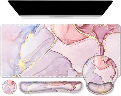 Mouse mat Set,iCasso Desk mat 900 x 400mm,Stitched Edges Gaming Mouse Pad & Mouse mat Wrist Support&Keyboard Wrist Rest,Waterproof Surface Desk Pad with Non-Slip Rubber Base (4PinkMarble)