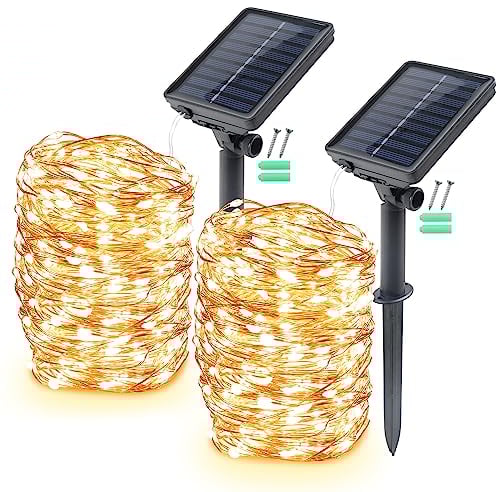 Solar Lichterkette Außen, 2 x 17M 150 LED Außen Lichterkette Kupferdraht Solarlichterkette Warmweiß Wasserdicht 8 Modi Weihnachtenlichterkette für Garten, Balkon, Hochzeit, Terrasse, Party Deko