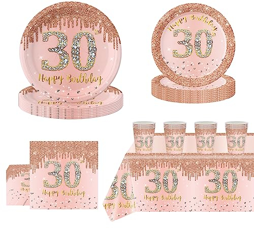 POPOYU 69 Stück 30 Geburtstag Party Geschirr,Deko 30. geburtstag Frauen,Teller und Becher zum 30.,Pappteller 30 Geburtstag Rosegold,Servietten,Becher und Tischdecke für Frauen Geburtstagsfeier Dekor