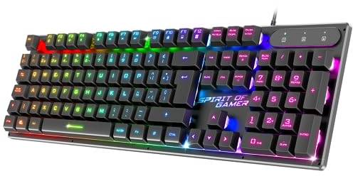 SPIRIT OF GAMER x PRO K1 | Kabelgebundene Semi Mechanische Gaming Tastatur PC | Layout QWERTY Spanisch | 26 Anti-Ghosting Tasten | 3 RGB Hintergrundbeleuchtungsmodi | Slim USB Gaming Keyboard